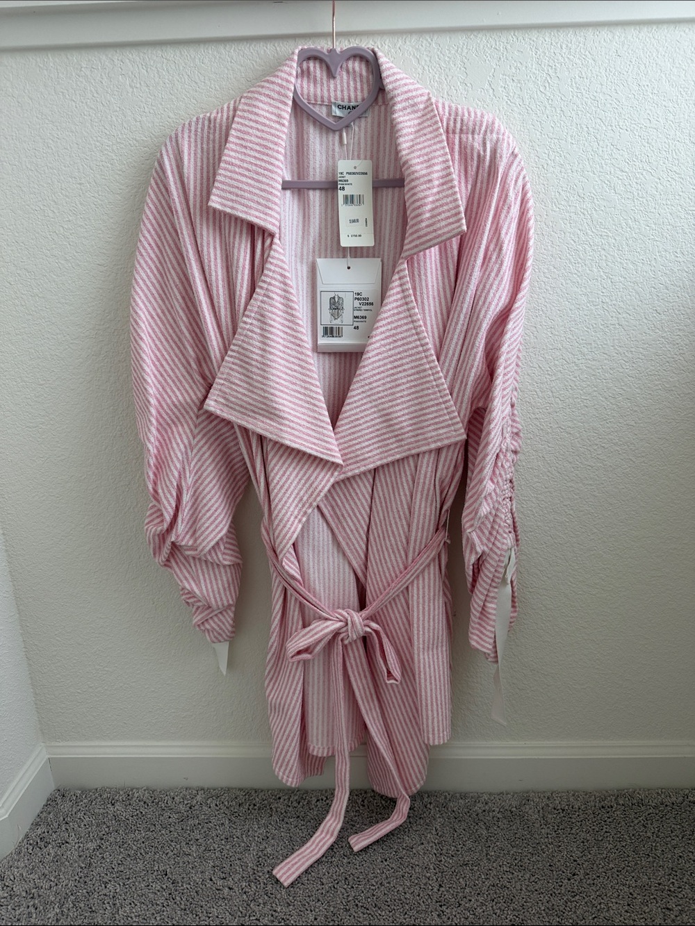 CHANEL Pink and White Striped Draped Belted Blazer - EU48/American XL